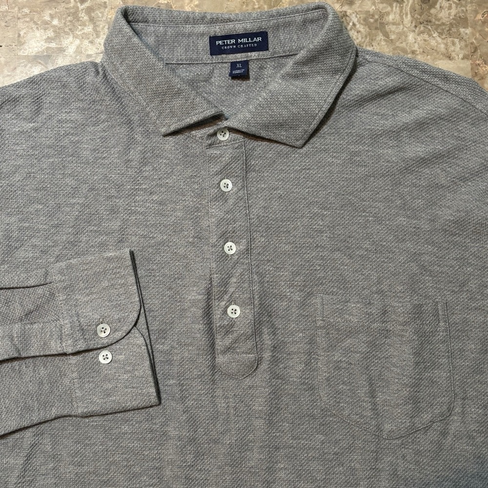 Peter Millar Polo Shirt Mens XL Grey Rambler Cotton Cashmere Pique Long Sleeve
